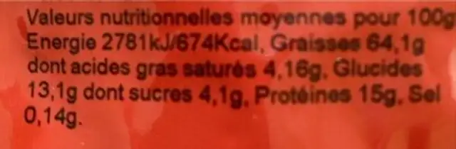 Noisettes décortiquées crues nutrition facts table