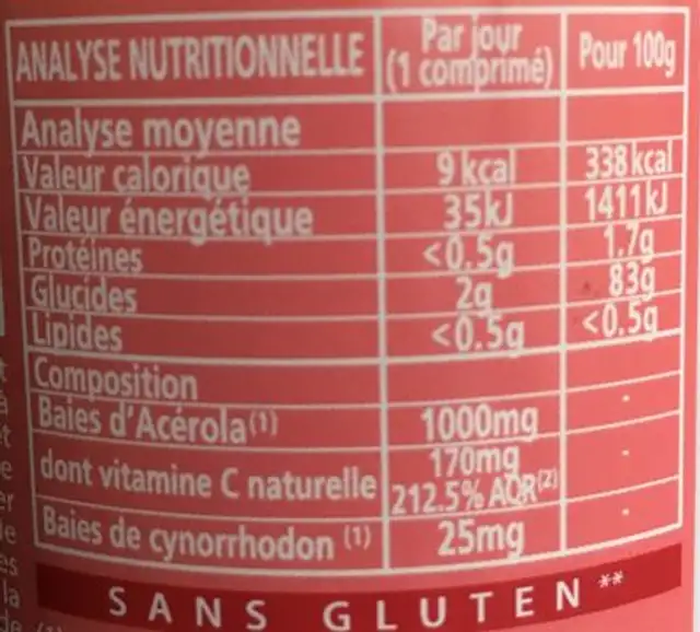 Acerola 1000 Bio 50% Gratuit - 90 Comprimés - Phyto-actif Laboratoire nutrition facts table