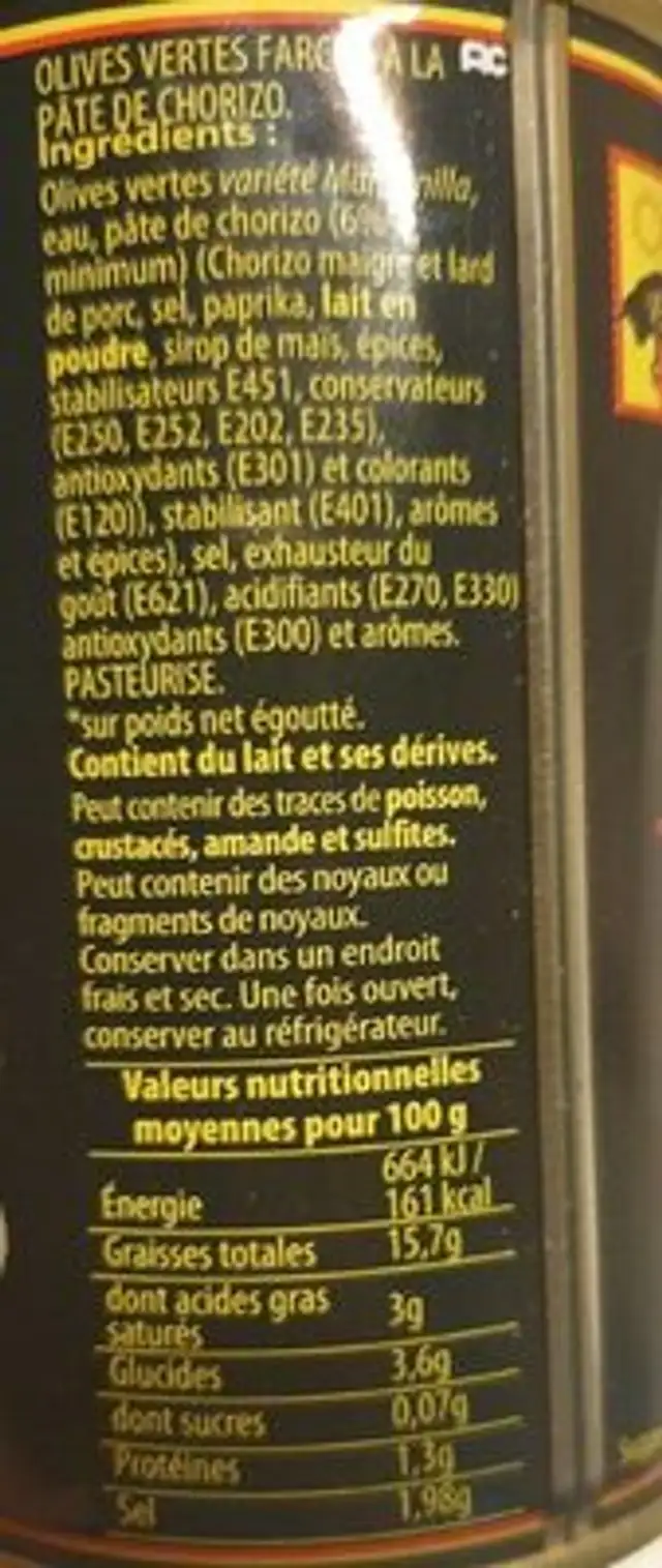 Olives vertes au chorizo nutrition facts table