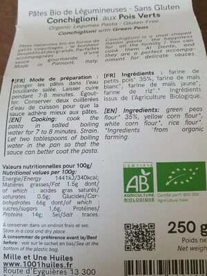 Pâtes bio de légumineuses Conchiglioni aux pois verts nutrition facts table