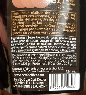 Chocolat de couverture au lait saveur caramel ingredients label
