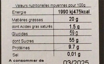 Dragees amandes nutrition facts table