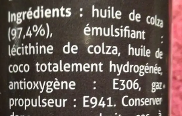 Spray de démoulage ingredients label
