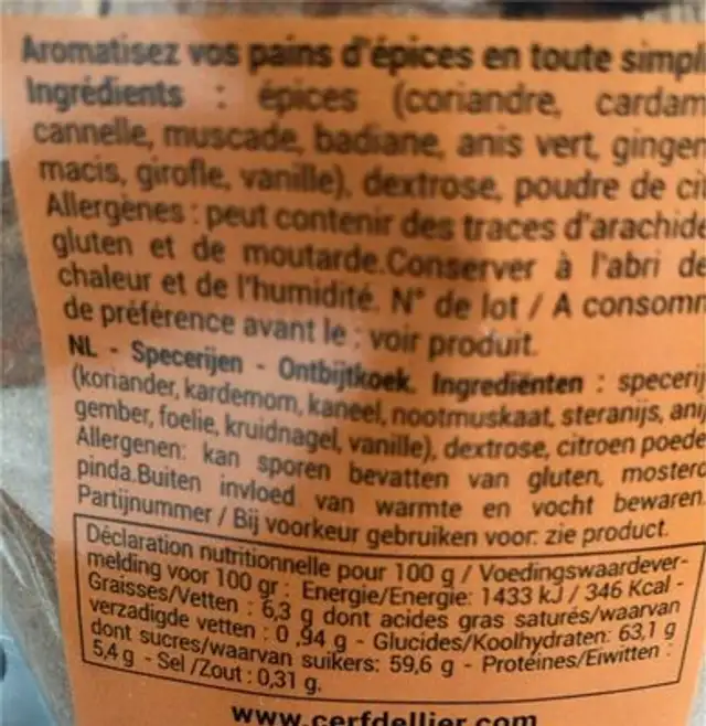 Epices pour pain d épice nutrition facts table