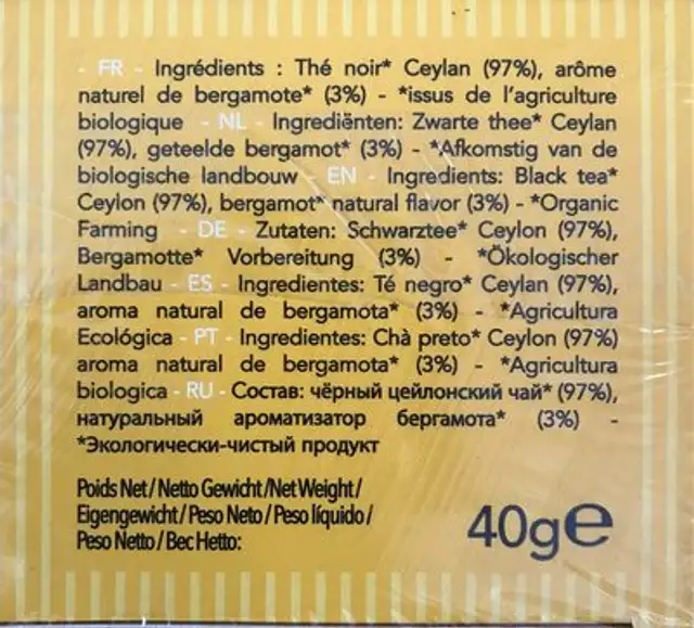 Thé Noir Earl Grey ingredients label
