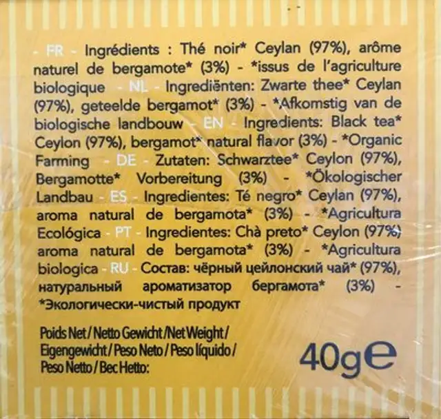 Thé Noir Earl Grey nutrition facts table