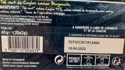 Thé vert ingredients label