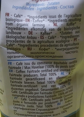 Café Pur Arabica Exception ingredients label