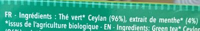 Thé vert bio menthe ingredients label