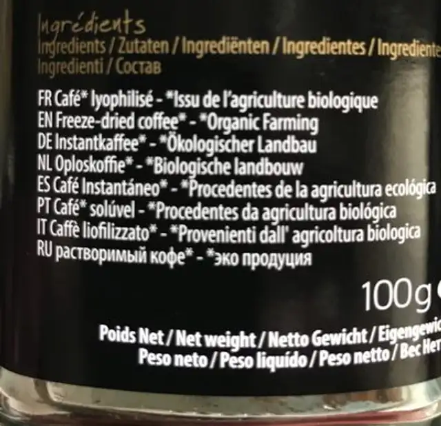 Cafe Instantané Pur Arabica ingredients label