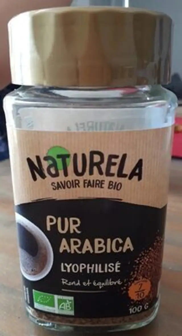 Café instantané bio 100% arabica front packaging