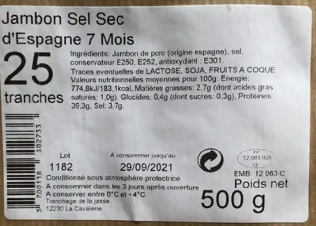 Jambon sec d’Espagne 7 mois 25 tranches nutrition facts table