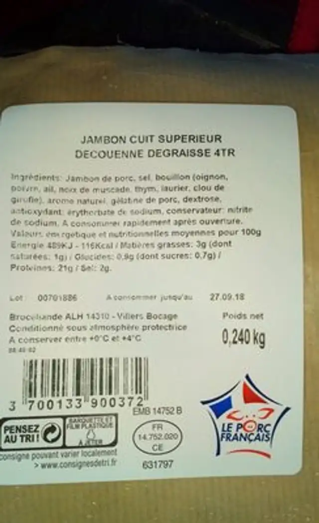 Jambon cuit superieur ingredients label