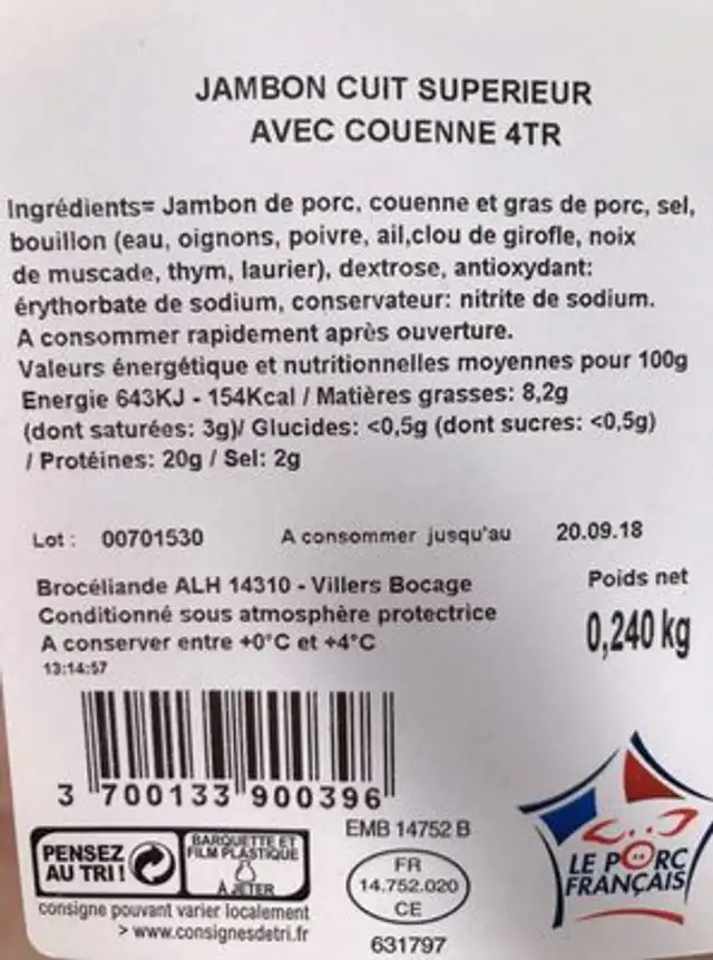 Jambon cuit supérieur avec couenne ingredients label