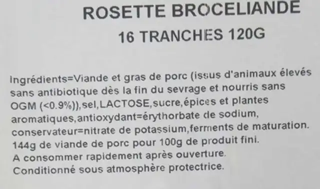 Rosette ingredients label