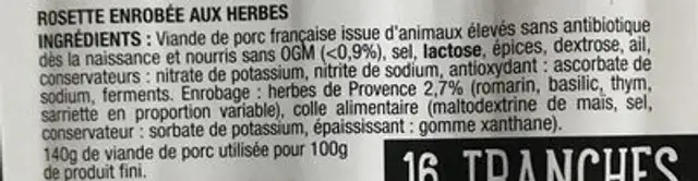 Rosette aux Herbes ingredients label