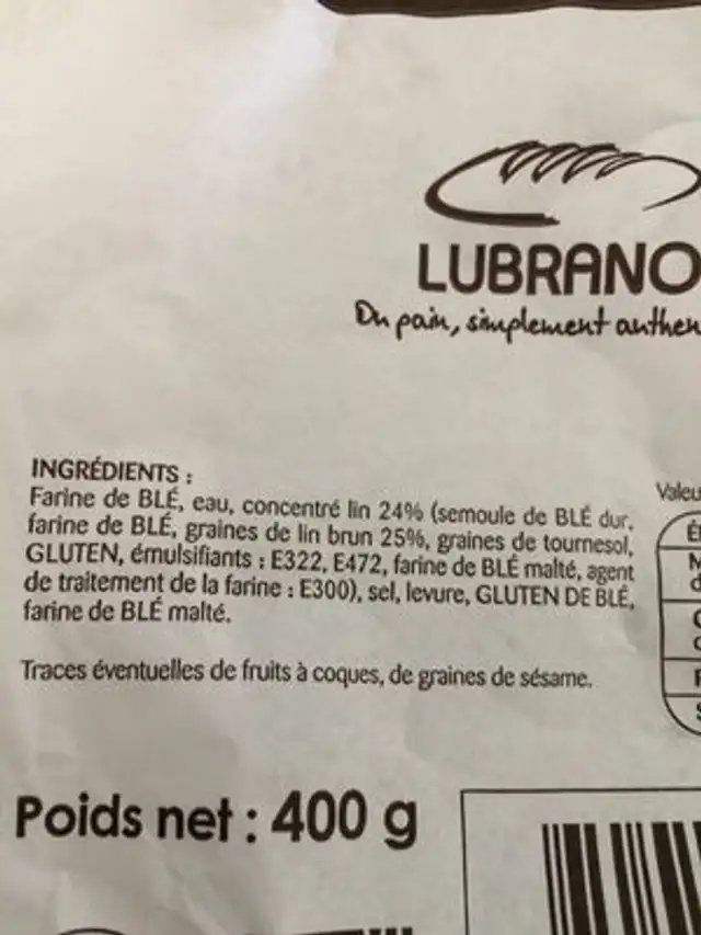Pain pavé au lin 400 g ingredients label