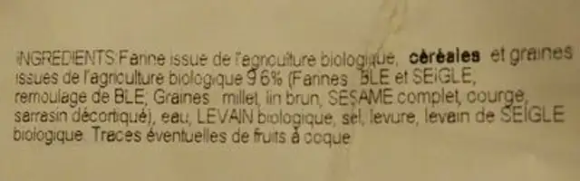 Pavé bio céréales ingredients label