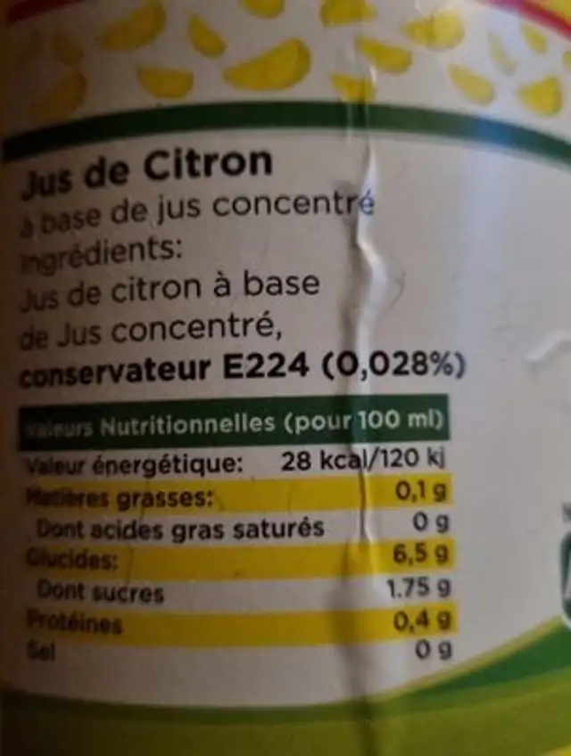 Jus de citron de sicile nutrition facts table