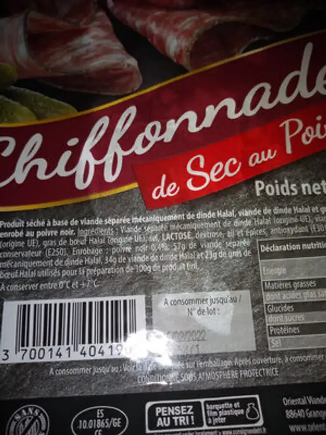 Chiffonnade ingredients label