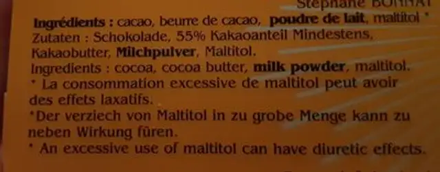 Chocolat Bonnat chocolat au lait "sans sucre ajouté" cacao 55 % ingredients label