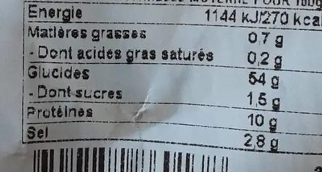 Boule de pain biologique nutrition facts table