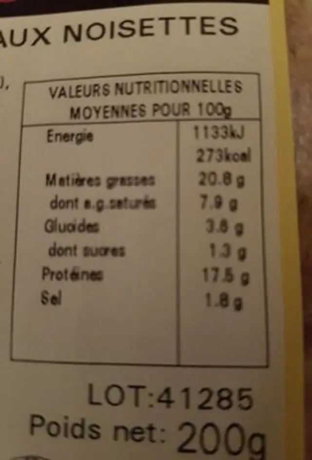 Paté de lapin aux noisettes nutrition facts table