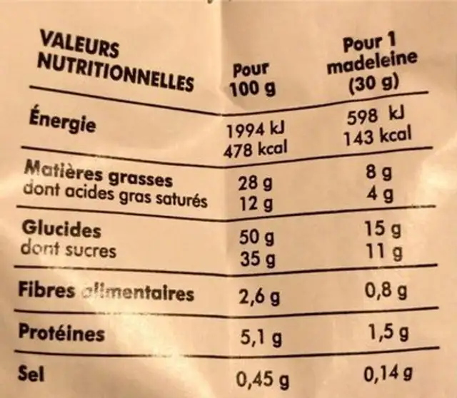 La Madeleine - Coque chocolat noir - café nutrition facts table