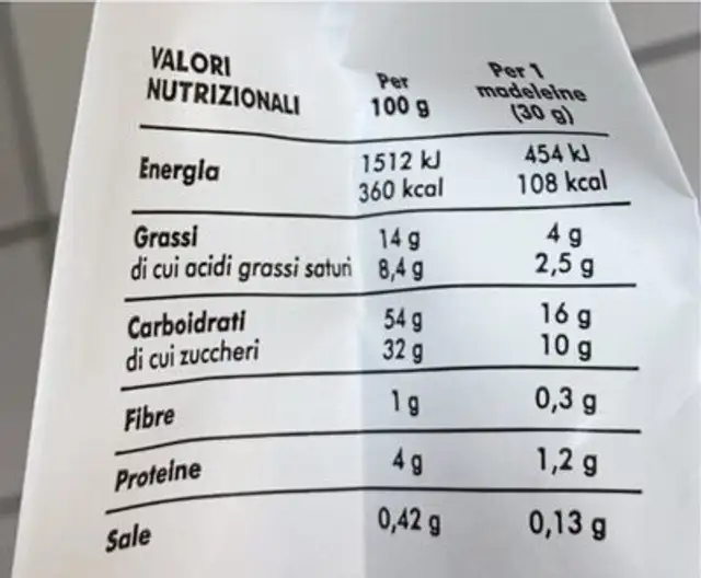 Madeleine al limone nutrition facts table