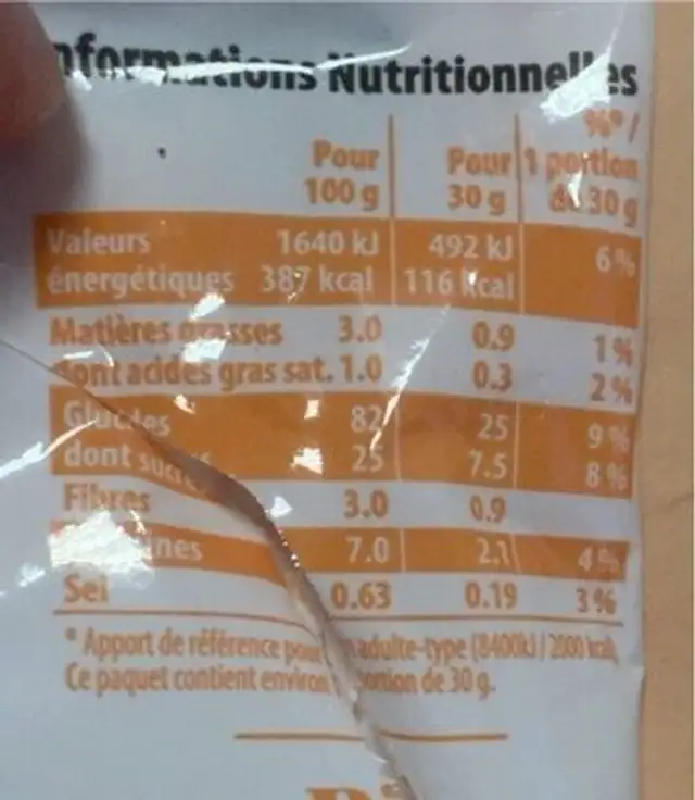 Riz soufflé cacao nutrition facts table