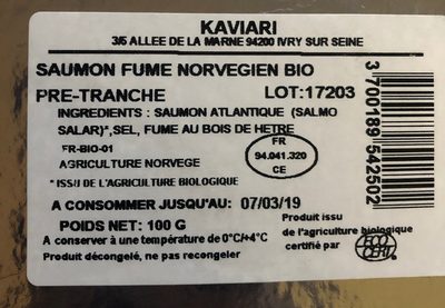 Saumon fumé norvegien ingredients label