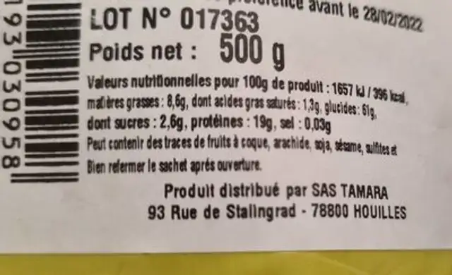 FARINE DE POIS CHICHES GRILLES nutrition facts table