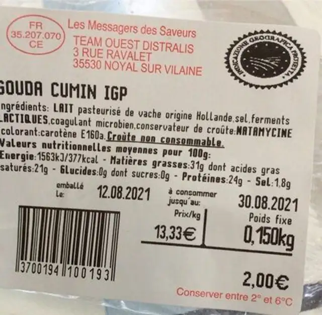 Gouda cumin igp nutrition facts table