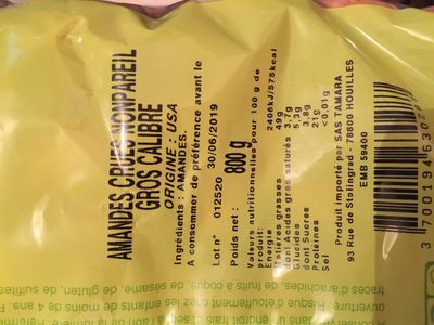 Amandes crues ingredients label