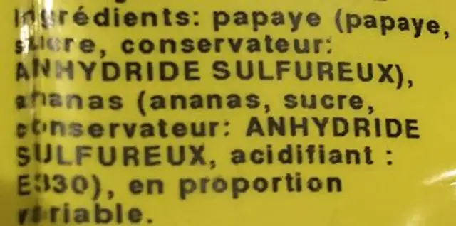 Melange ananas papaye ingredients label