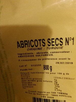 Abricots ingredients label