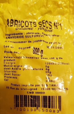 Abricots nutrition facts table