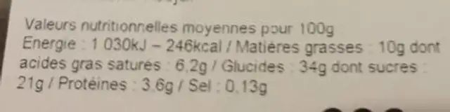 Tartelette framboise nutrition facts table