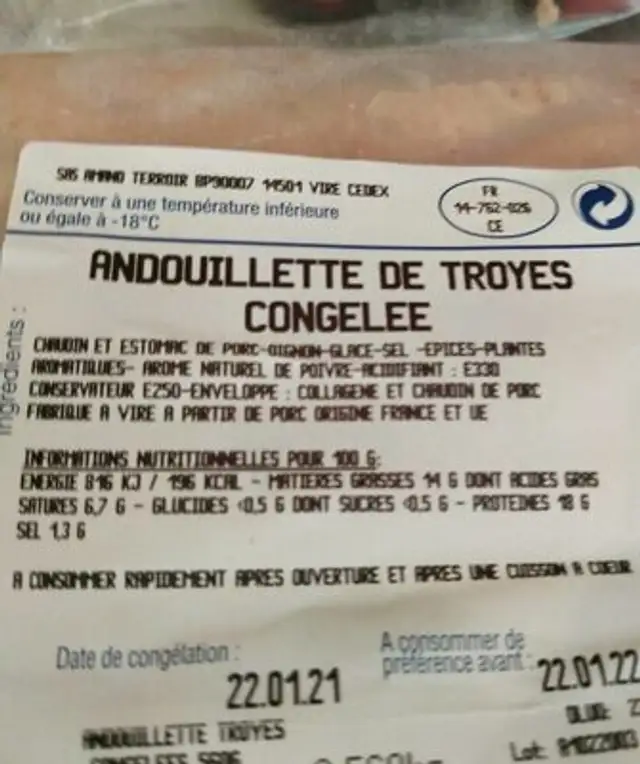 Andouillette de Troyes nutrition facts table