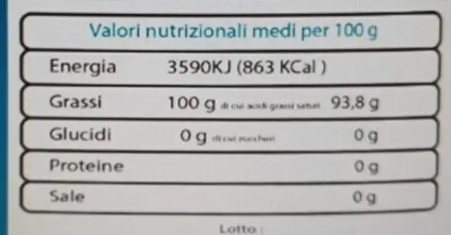Olio di cocco bio nutrition facts table