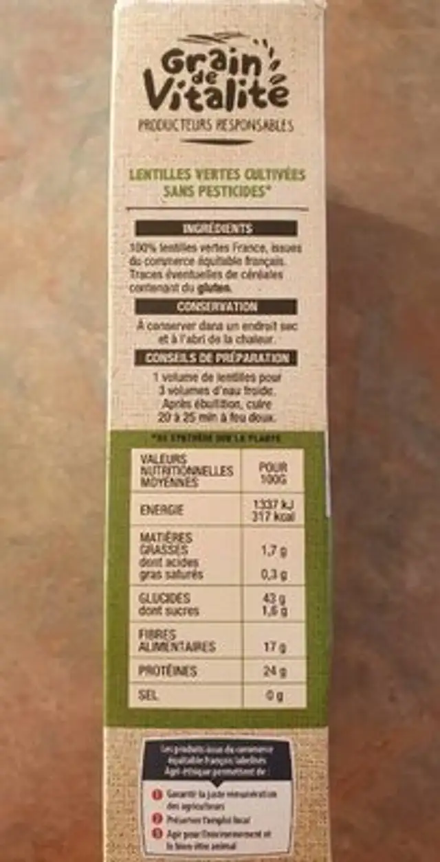 Lentilles vertes nutrition facts table