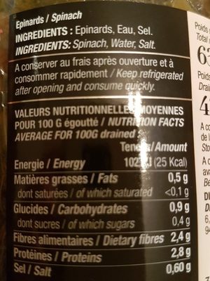 Épinards ingredients label