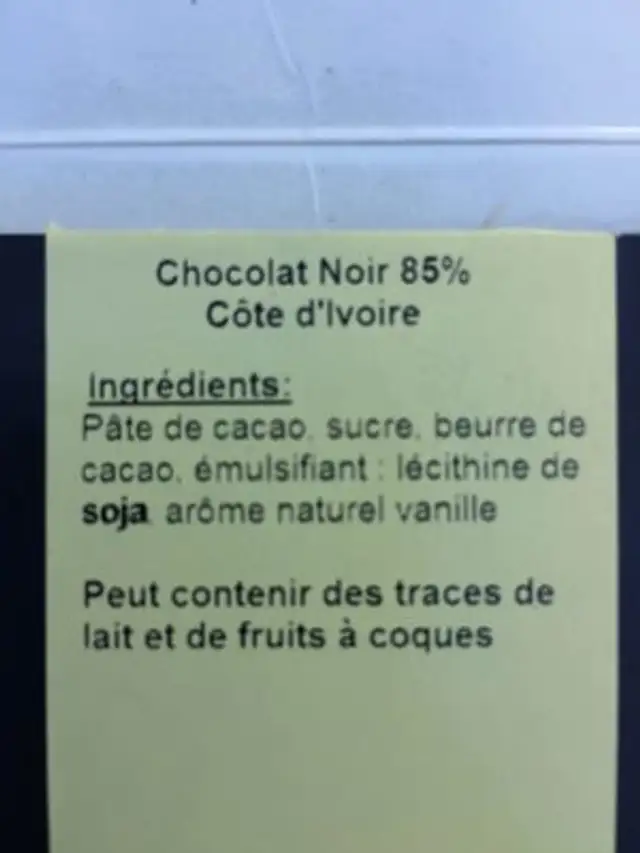 Chocolat noir 85% cote d’ivoire ingredients label