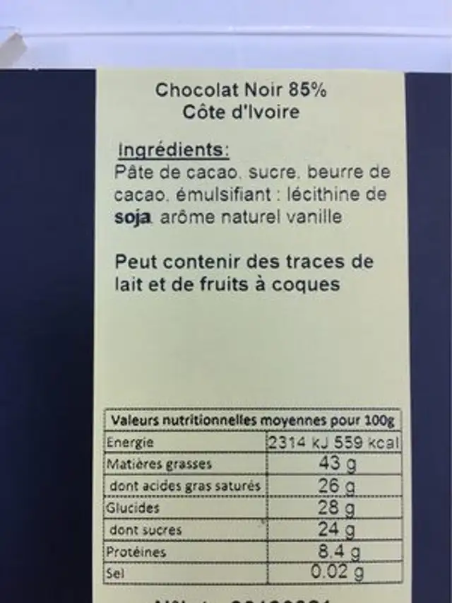 Chocolat noir 85% cote d’ivoire nutrition facts table