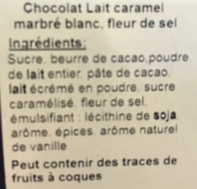 Chocolat lait caramel marbré blanc Fleur de sel ingredients label