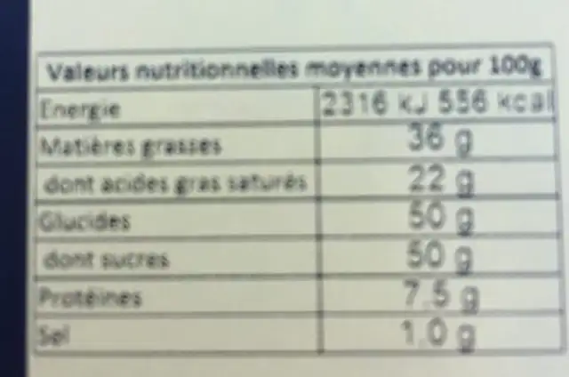 Chocolat lait caramel marbré blanc Fleur de sel nutrition facts table