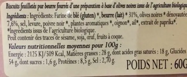 Palmiers pur beurre aux olives noires bio ingredients label