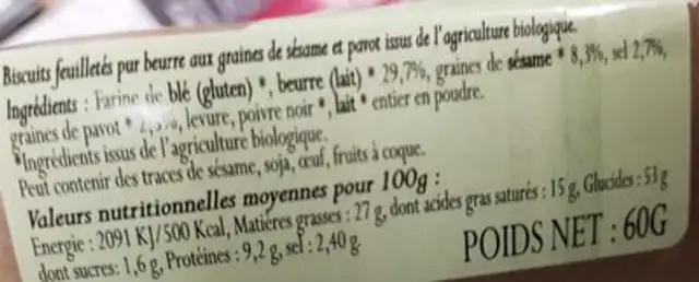 Triangle pure beurre aux graines de sésame et pavot Bio ingredients label