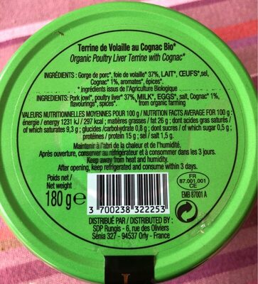 Terrine de foie de volaille au cognac bio nutrition facts table