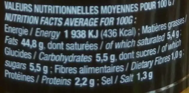 Sauce Bourguignonne nutrition facts table